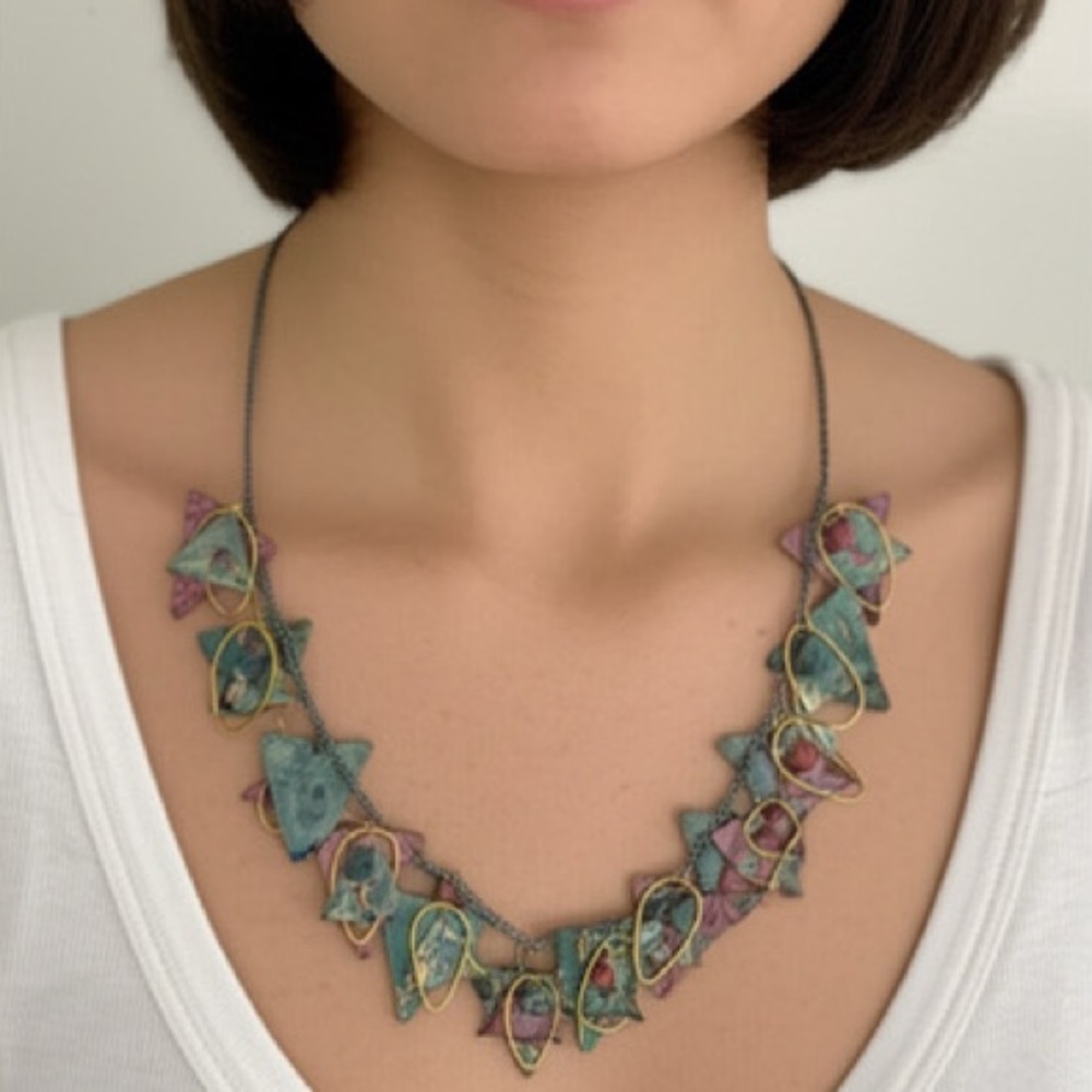 Vintage 80s Women’s Etched Metal Unique Funky Artistic Teal Purple Gold Necklace